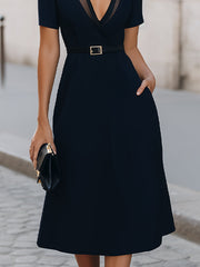 Sheer V-Neck Belted A-Line Midi Dress