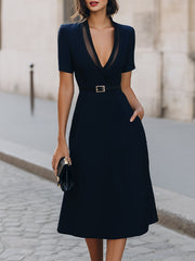 Sheer V-Neck Belted A-Line Midi Dress