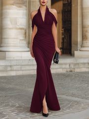 Draped Halter Neck Ruched Maxi Dress