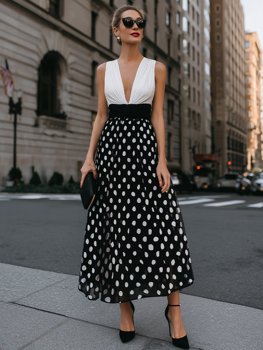 Deep V-Neck Polka Dot A-Line Maxi Dress