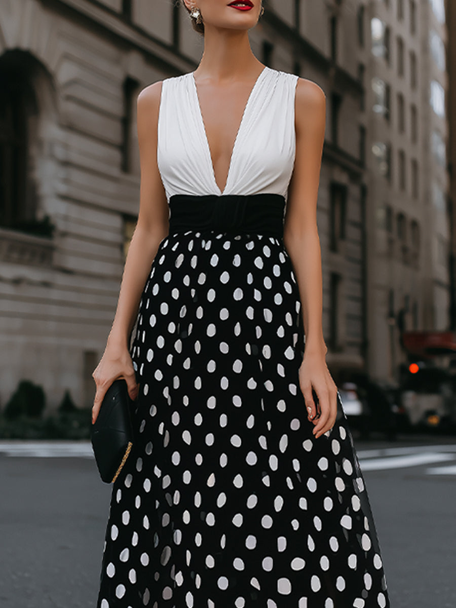 Deep V-Neck Polka Dot A-Line Maxi Dress