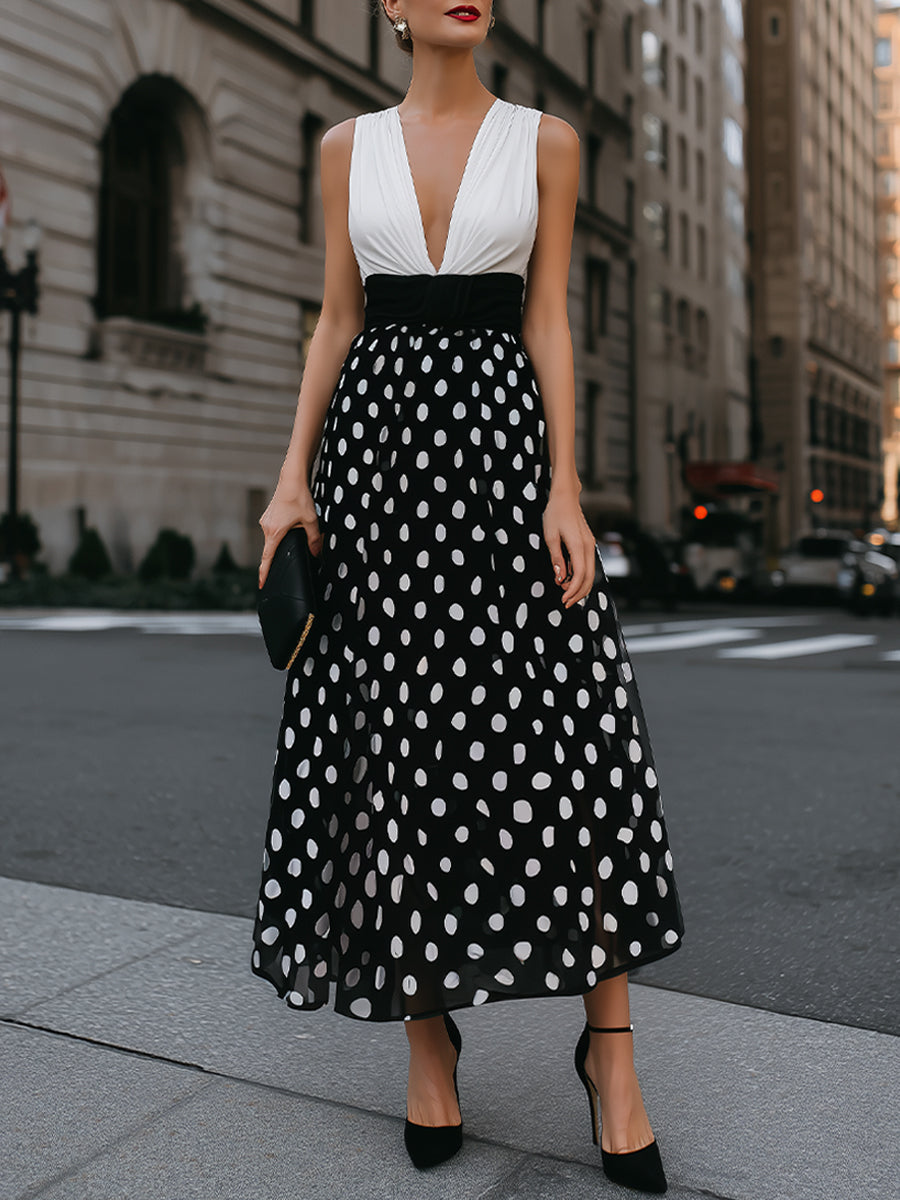 Deep V-Neck Polka Dot A-Line Maxi Dress