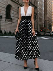 Deep V-Neck Polka Dot A-Line Maxi Dress