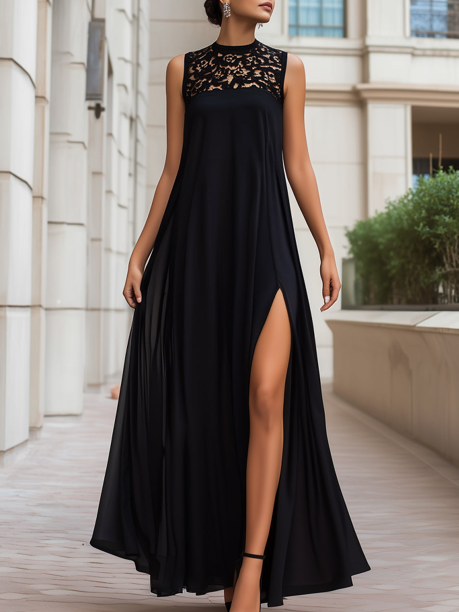 Lace Yoke High-Neck Flowing Maxi Dress