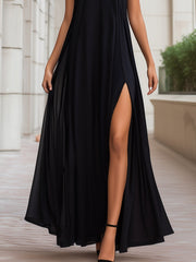 Lace Yoke High-Neck Flowing Maxi Dress