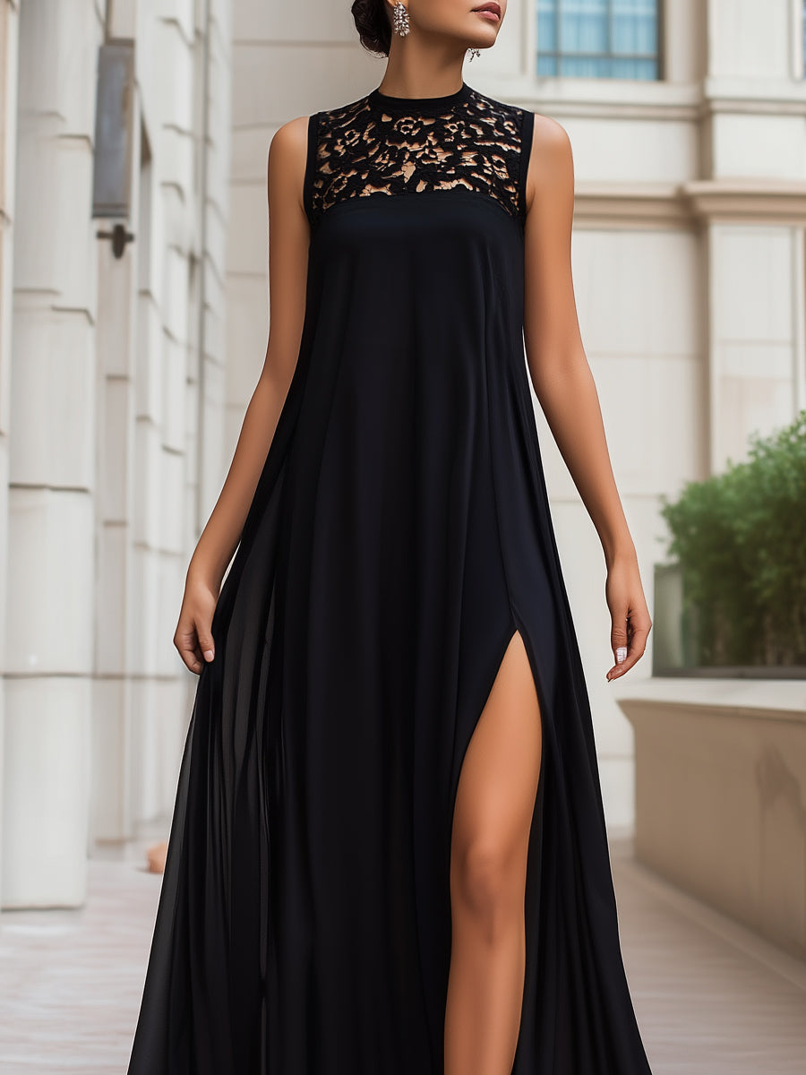 Lace Yoke High-Neck Flowing Maxi Dress