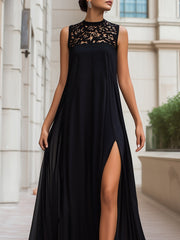 Lace Yoke High-Neck Flowing Maxi Dress