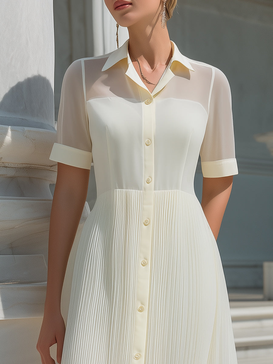 Short Sleeves Sheer Panel Pleated Shirt Dress