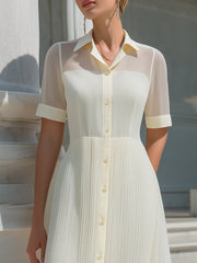 Short Sleeves Sheer Panel Pleated Shirt Dress