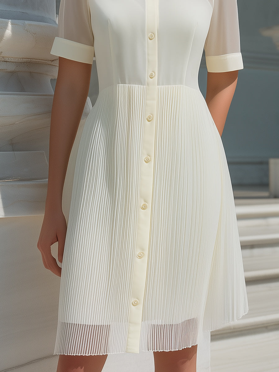 Short Sleeves Sheer Panel Pleated Shirt Dress