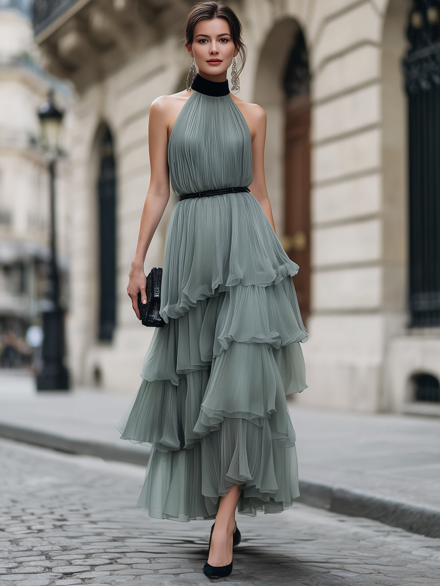 Halter Neck Tiered Ruffle Pleated Maxi Dress