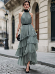 Halter Neck Tiered Ruffle Pleated Maxi Dress