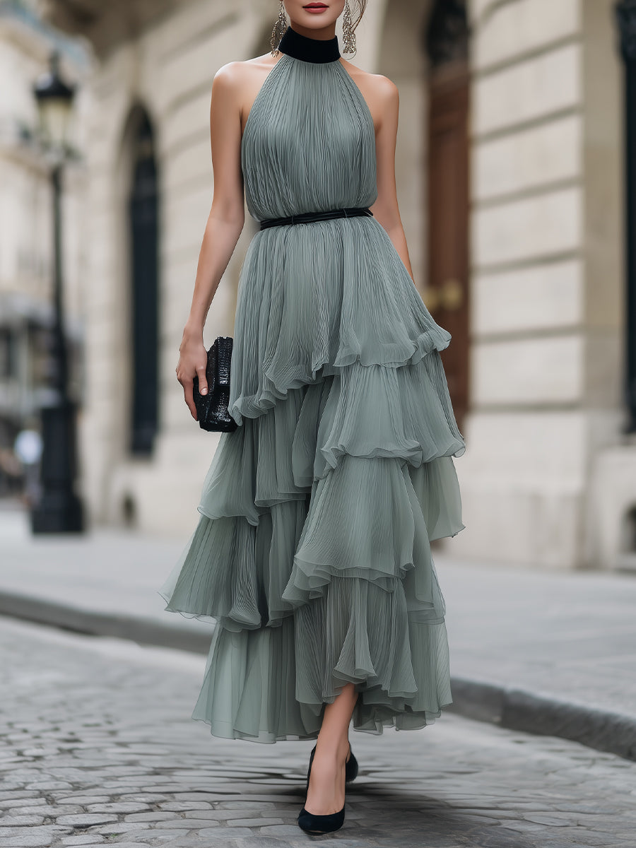 Halter Neck Tiered Ruffle Pleated Maxi Dress