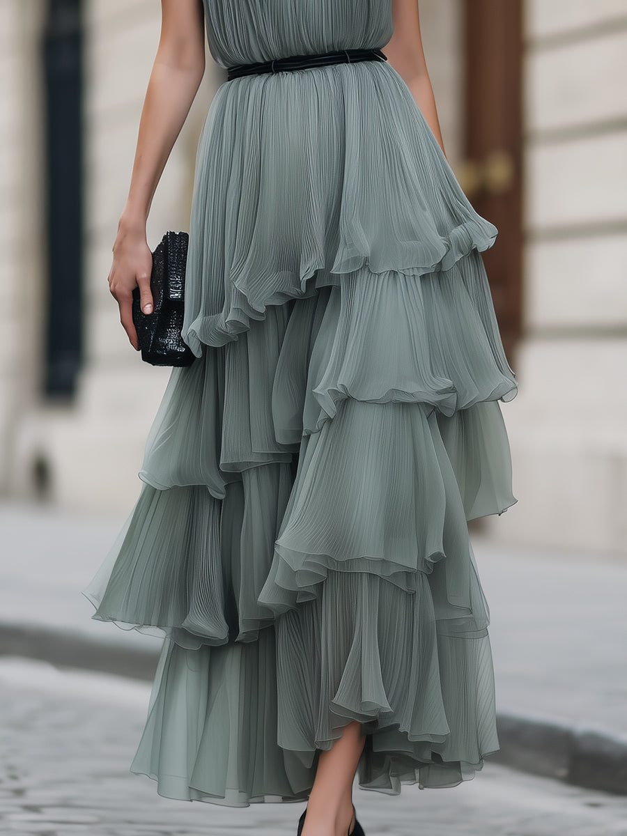 Halter Neck Tiered Ruffle Pleated Maxi Dress