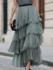 Halter Neck Tiered Ruffle Pleated Maxi Dress