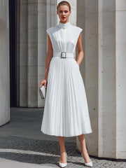 High Neck Pleated Belted Midi Dress