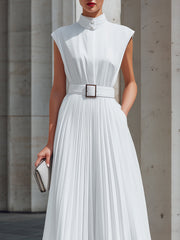 High Neck Pleated Belted Midi Dress