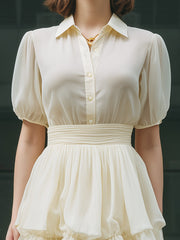 Button-Front Puff Sleeve Ruffle Hem Mini Dress
