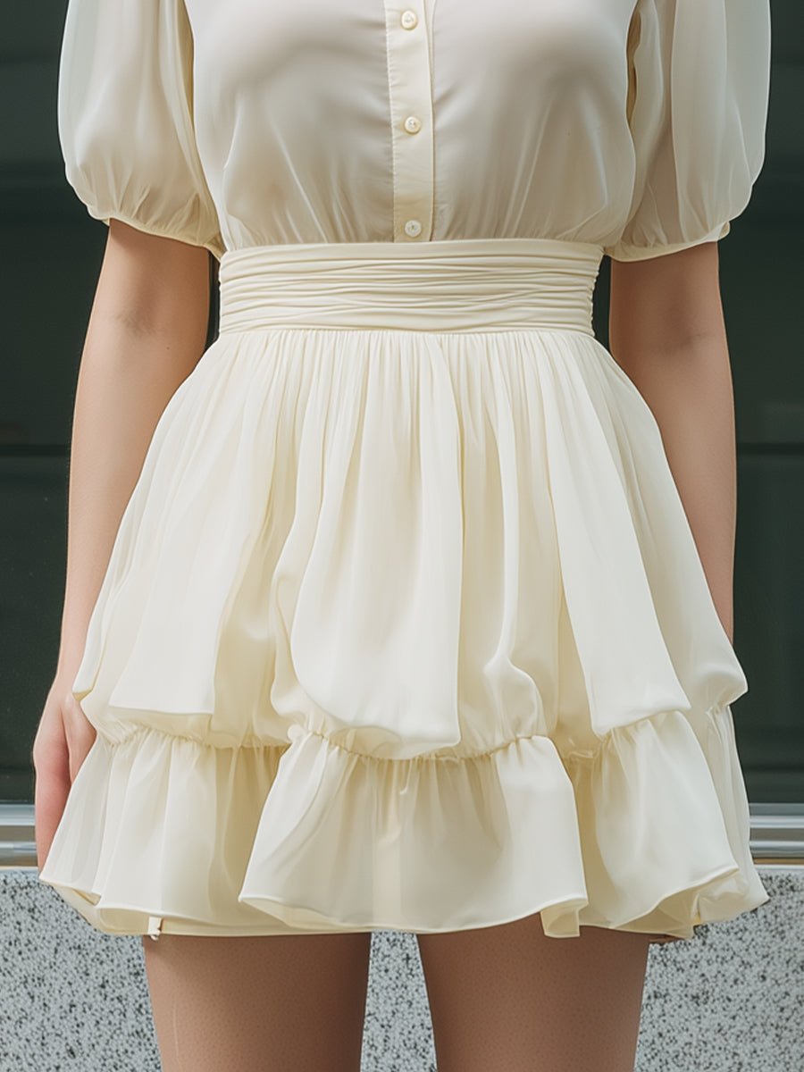 Button-Front Puff Sleeve Ruffle Hem Mini Dress