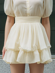 Button-Front Puff Sleeve Ruffle Hem Mini Dress