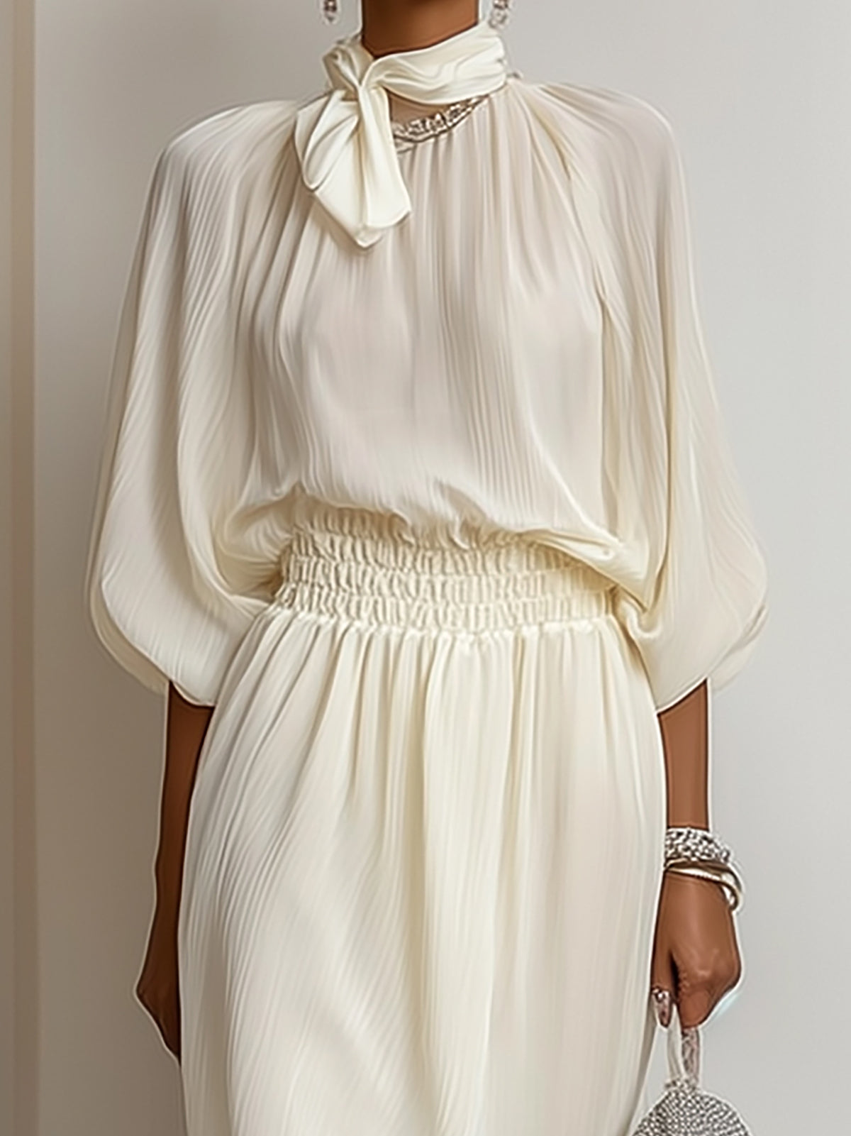 Cream White Chiffon Bow Neck Maxi Dress