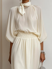 Cream White Chiffon Bow Neck Maxi Dress