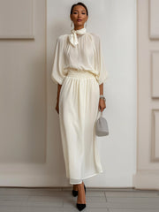 Cream White Chiffon Bow Neck Maxi Dress