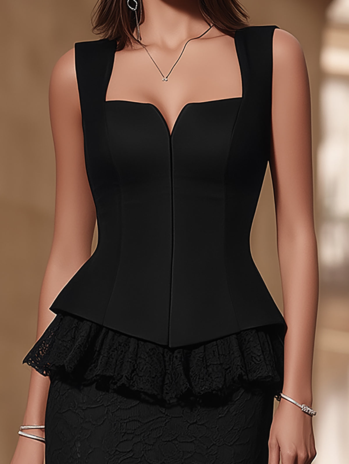 Elegant Black Peplum Top Lace Skirt Set