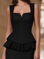 Elegant Black Peplum Top Lace Skirt Set
