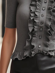 Grey Ruffle Trim Knit Top