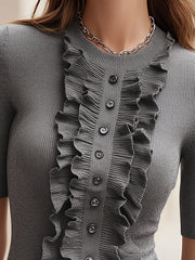 Grey Ruffle Trim Knit Top