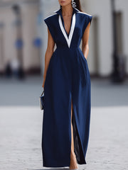 Elegant Sleeveless V-Neck Maxi Dress With White Contrast Trim