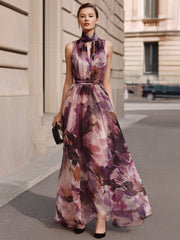 High Neck Tie Detail Floral Maxi Dress