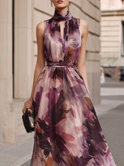 High Neck Tie Detail Floral Maxi Dress