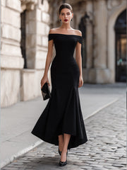 Off-Shoulder Asymmetric Hem Bodycon Midi Dress