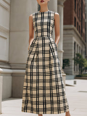 Sleeveless Checkered Pleated A-Line Maxi Dress