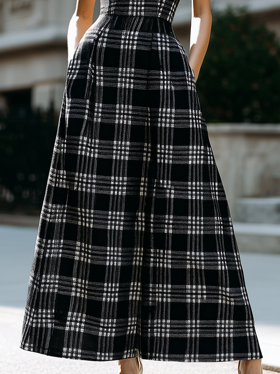 Sleeveless Plaid A-Line Maxi Dress