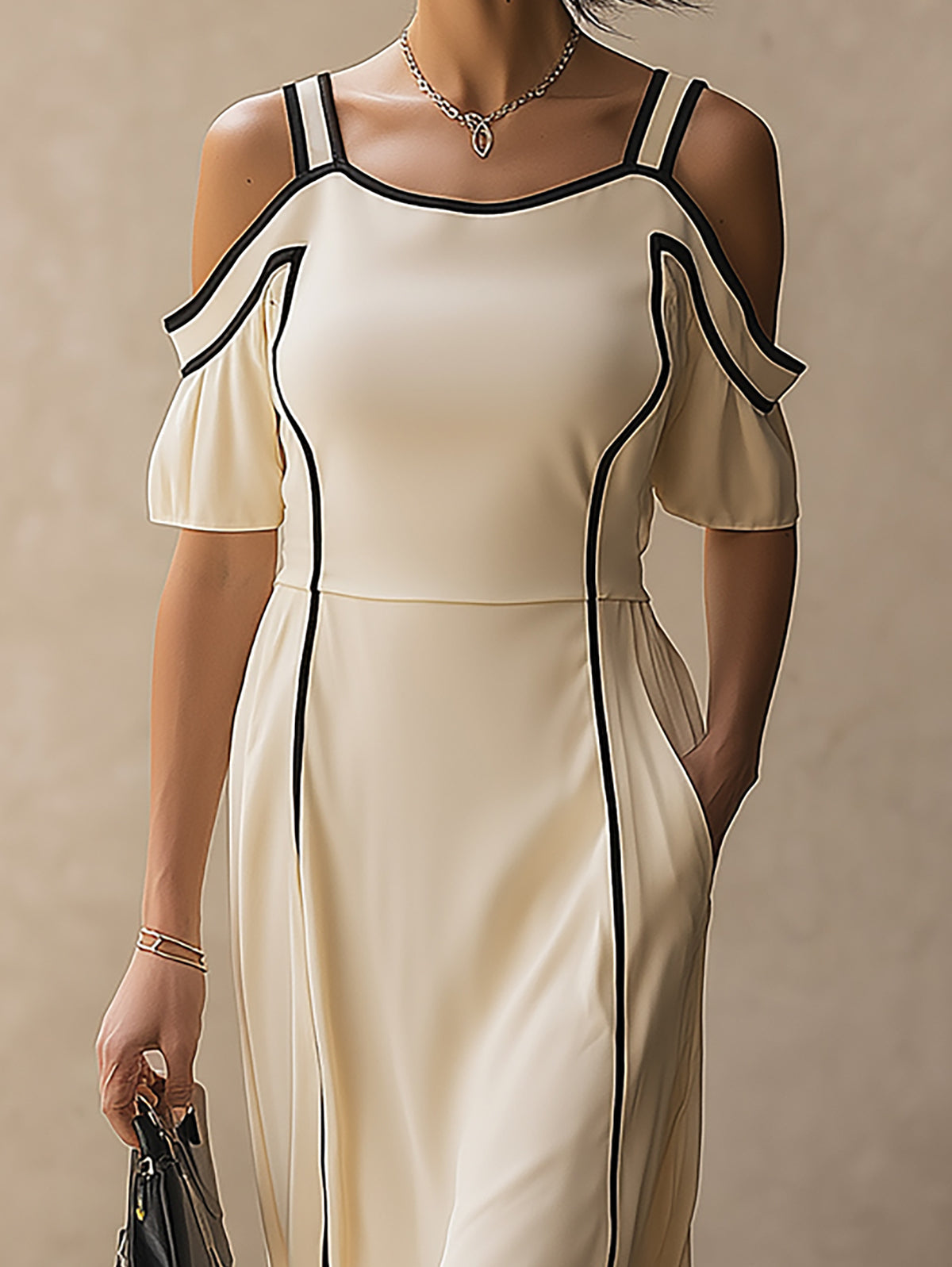 Cream Yellow Cold Shoulder Maxi Dress With Contrast Piping