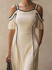 Cream Yellow Cold Shoulder Maxi Dress With Contrast Piping