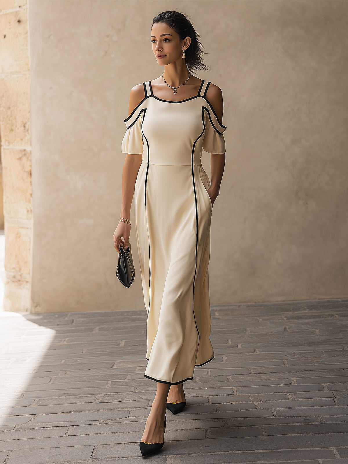 Cream Yellow Cold Shoulder Maxi Dress With Contrast Piping