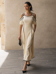 Cream Yellow Cold Shoulder Maxi Dress With Contrast Piping