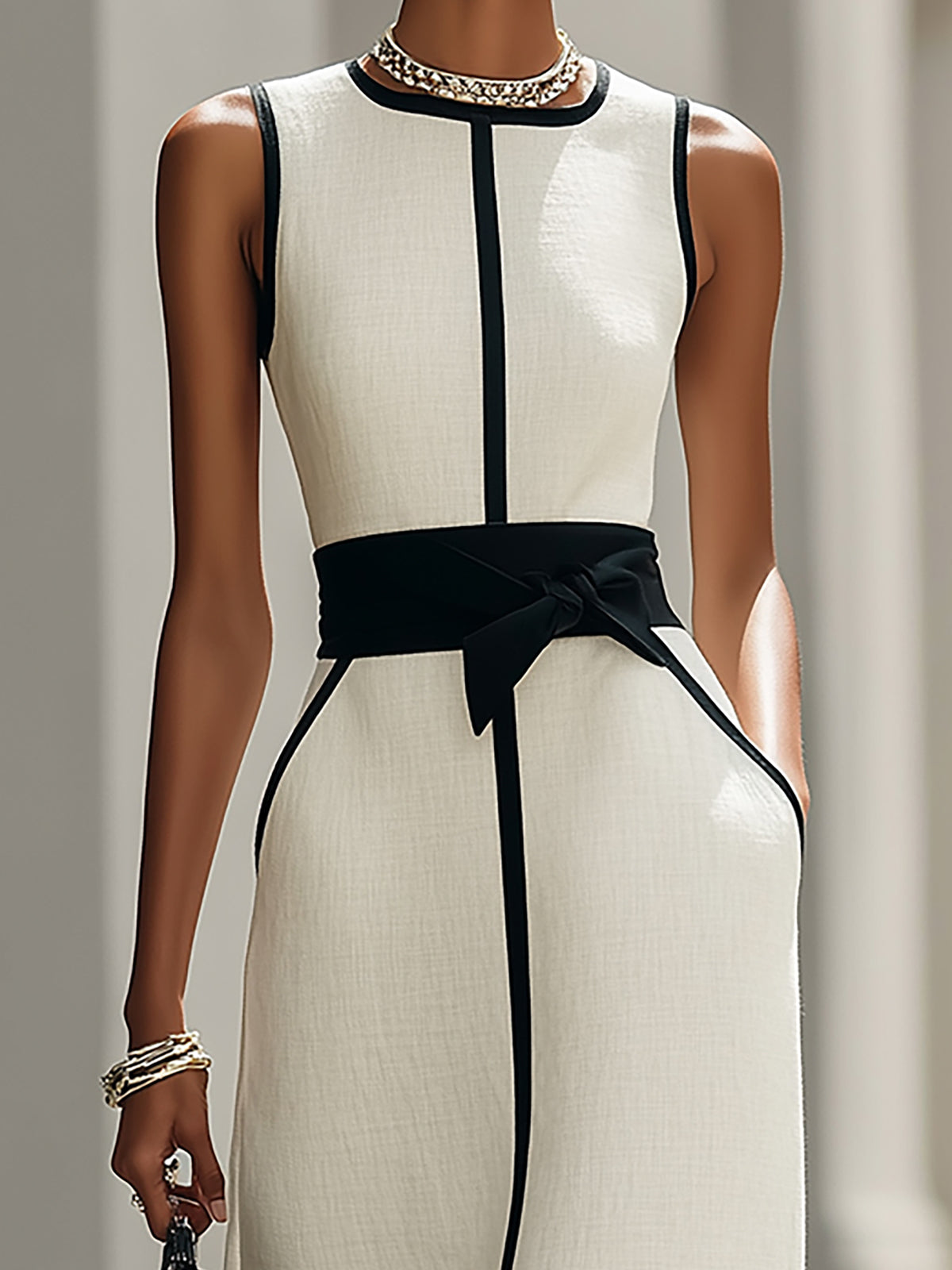 Elegant Black White Contrast Linen Blend Sleeveless Maxi Dress