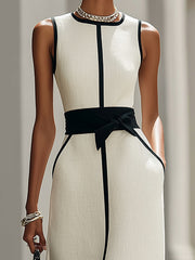 Elegant Black White Contrast Linen Blend Sleeveless Maxi Dress