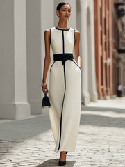 Elegant Black White Contrast Linen Blend Sleeveless Maxi Dress