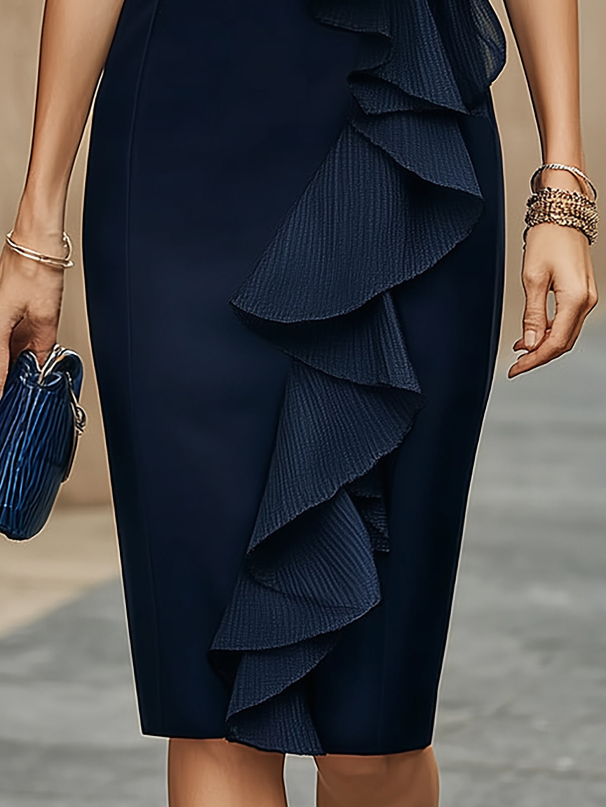 Navy Blue Chiffon Ruffle Sheath Dress