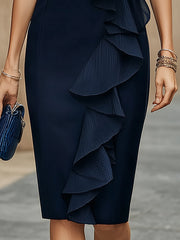 Navy Blue Chiffon Ruffle Sheath Dress