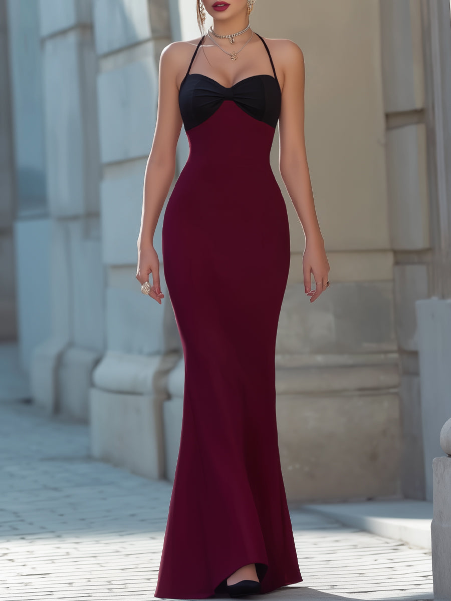 Halter Neck Contrast Bodice Mermaid Maxi Dress