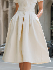 Collared Button-Front Pleated A-Line Midi Dress