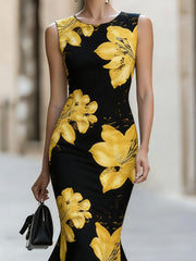 Sleeveless Yellow Lily Floral Mermaid Midi Dress
