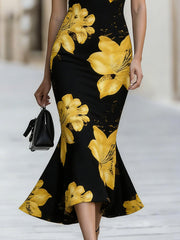 Sleeveless Yellow Lily Floral Mermaid Midi Dress